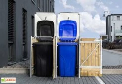 Cache-poubelle Double En Acier Et Bois De Pin Traité 139 X 80 X 115 Cm -Garantia Soldes cache poubelle double acier bois hide ouvert 1